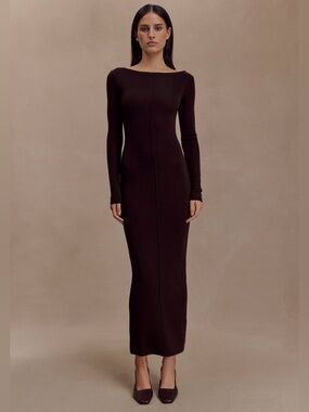 Meshki Cleona Merino Wool Ribbed Long Sleeve Maxi Dress - Deep Chocolate